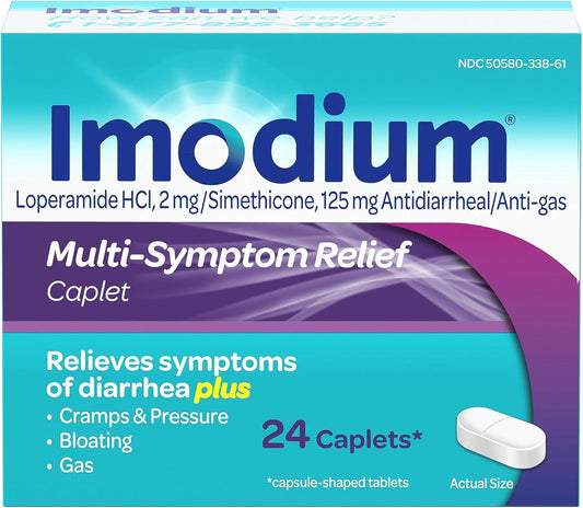 Imodium Multi-Symptom Relief Caplets With Loperamide Hydrochloride And Simethicone, Anti-Diarrheal Medicine For Treatment Of Diarrhea, Gas, Bloating, Cramps & Pressure, 24 Ct