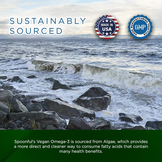 Spoonful Vegan Omega-3 1,000 mg, Plant-Based Algae Oil, Certified Vegan, Gluten-Free, Non-GMO, 60 Vegetarian Softgels, 2 Month Supply, Made in USA