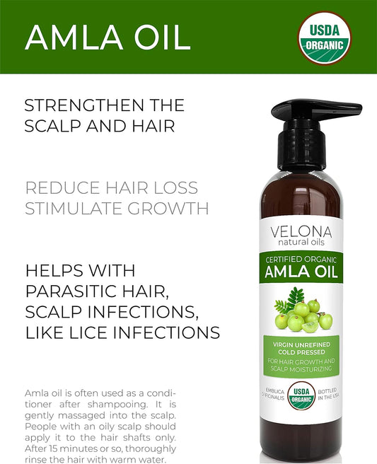 Velona Amla Oil Usda Certified Organic - 8 Oz | 100% Pure And Natural Carrier Oil | Extra Virgin, Unrefined, Cold Pressed | Hair Growth, Body, Face & Skin Care | Use Today - Enjoy Resultsā¦