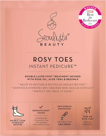 Seoulista Beauty Rosy Toes Instant Pedicure – At Home Foot Mask Treatment — Soothe And Hydrate Dry, Cracked Skin — Revitalise Neglected Feet— With Rose Oil, Aloe Vera And Beeswax — Award Winning