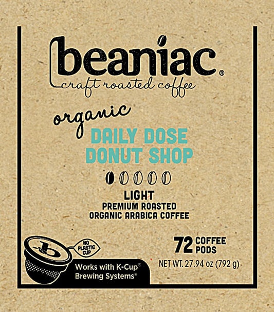 Beaniac Organic Daily Dose Donut Shop, Light Roast, Single Serve Compostable K Cup Coffee Pods, Organic Arabica Coffee, Keurig Brewer Compatible, 72 Count