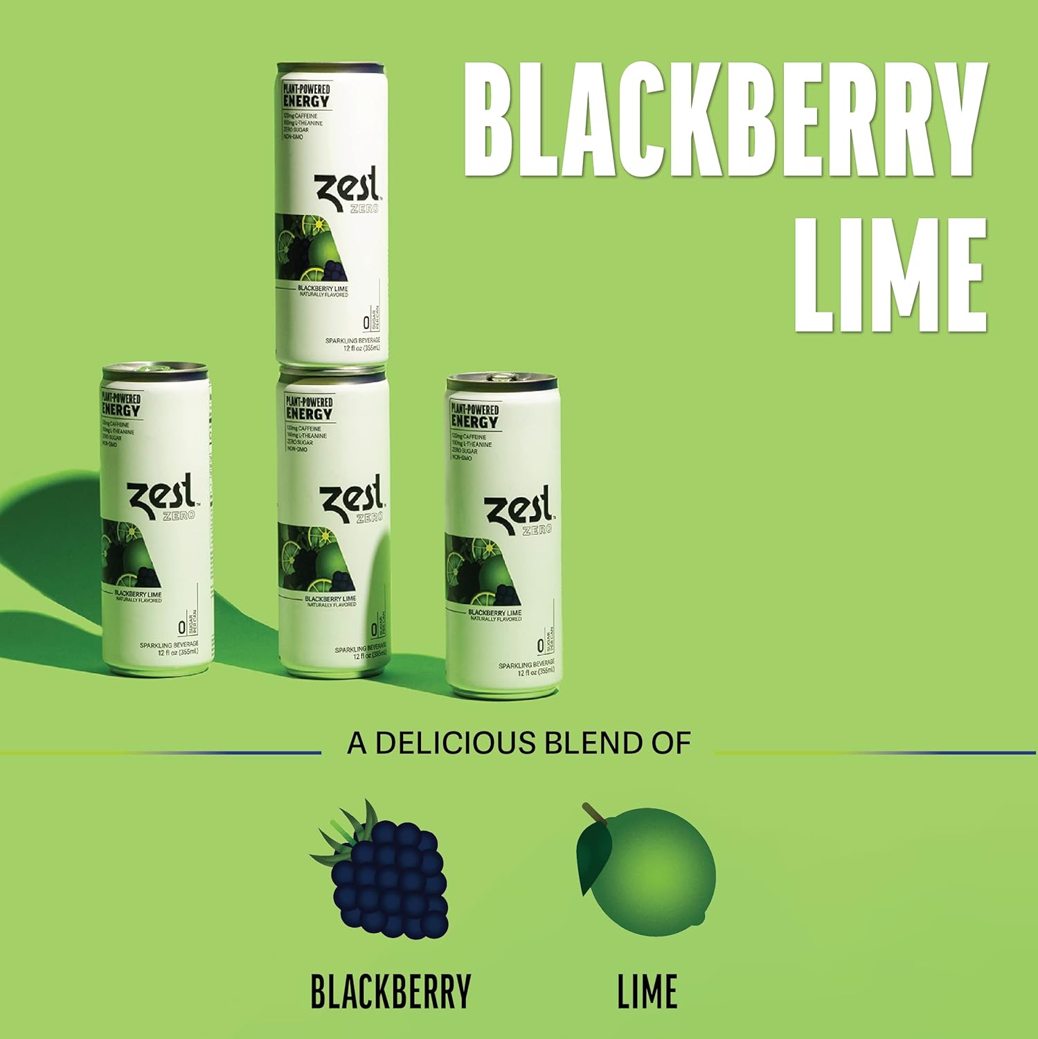 Zest Plant Powered Natural Energy Sparkling Drink - Blackberry Lime - Caffeine + L-Theanine - 12Oz Can, 12 Pack - Zero Sugar, 0 Calories, Whole 30, Healthy Coffee Substitute, Non Gmo High Caff Blend