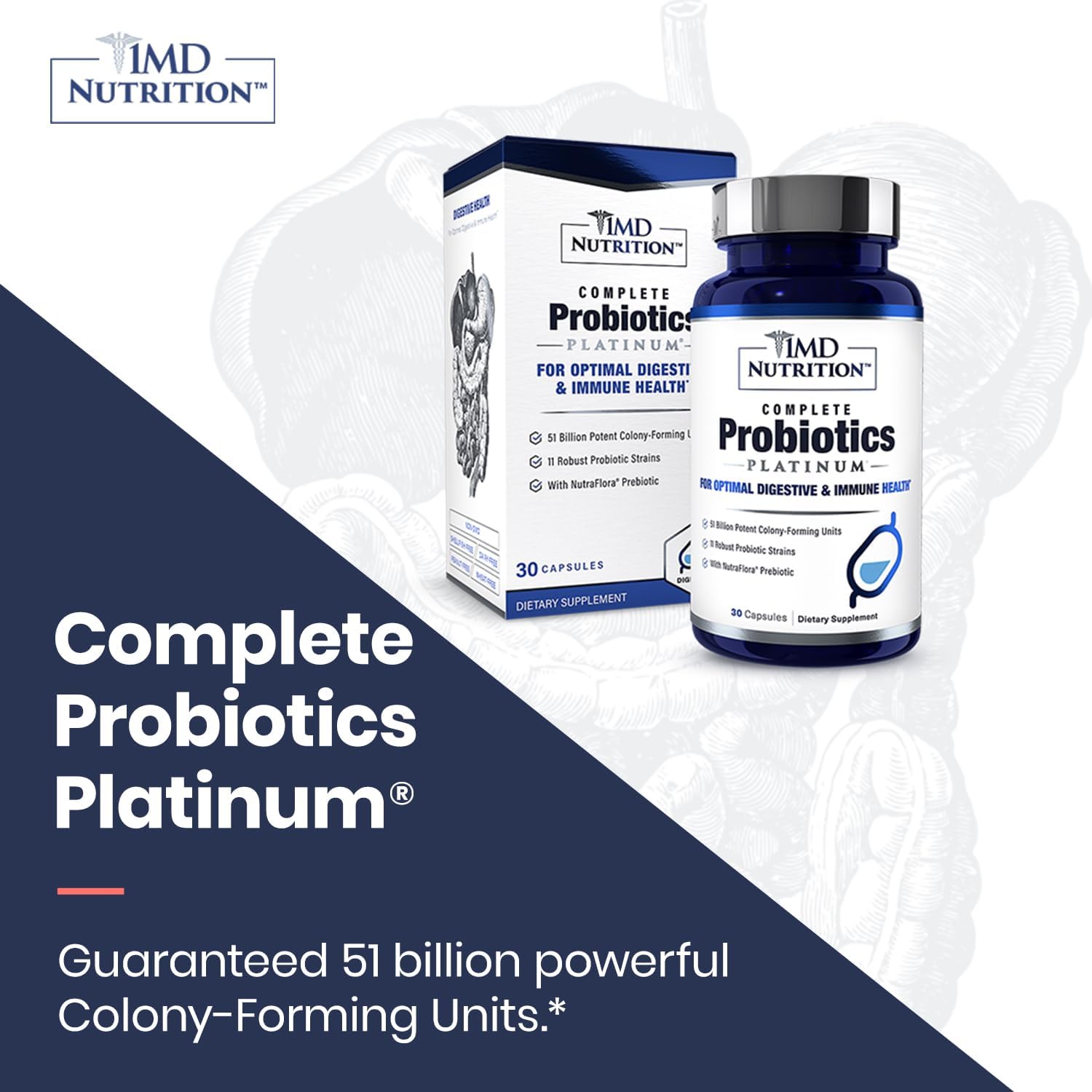 1Md Complete Probiotics Platinum | Supports Digestive Health | With Nourishing Prebiotics, 51 Billion Live Cfu, 11 Strains, Dairy-Free | 30 Vegetable Capsules (3-Pack)