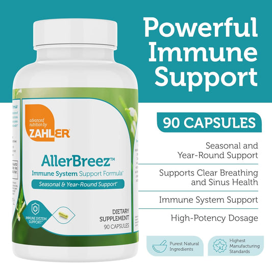 Zahler Allerbreez Immune System Support Formula With Vitamin C, Quercetin, Vitamin B5, Msm & Stinging Nettle - Seasonal & Year-Round Immune Support Supplement, Dhist Allergy Supplement (90 Capsules)