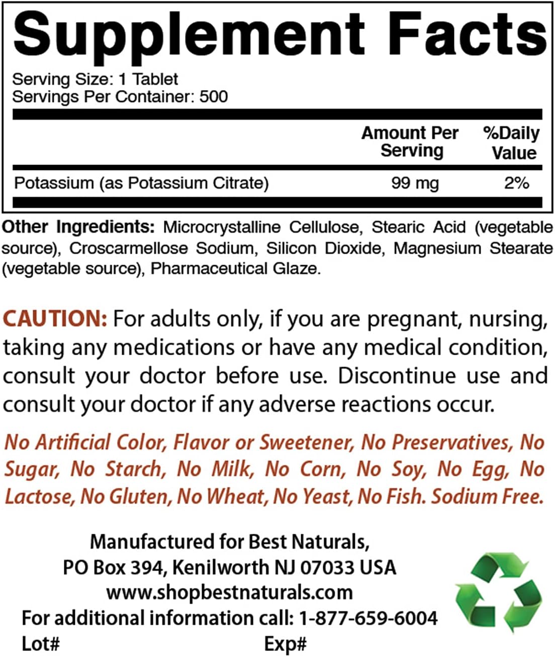 Best Naturals Potassium Citrate 99mg 500 Tablets - 3rd Party Lab Tested