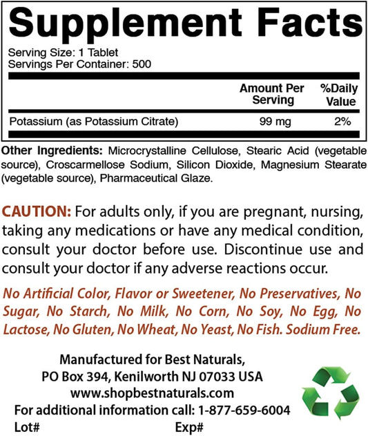 Best Naturals Potassium Citrate 99mg 500 Tablets - 3rd Party Lab Tested