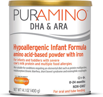 Puramino Hypoallergenic Infant Drink, For Severe Food Allergies, Omega-3 Dha, Iron, Immune Support, Powder Can, 14.1 Oz (4 Count)