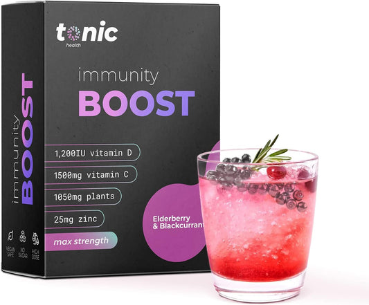 Tonic Health High Dose Immunity Supplement - Max Strength - Vitamin C, Vitamin D, Zinc. Plant Powered For Immune Recovery & Energy Boost - Vegan, No Sugar - Elderberry & Blackcurrant (10 Count)
