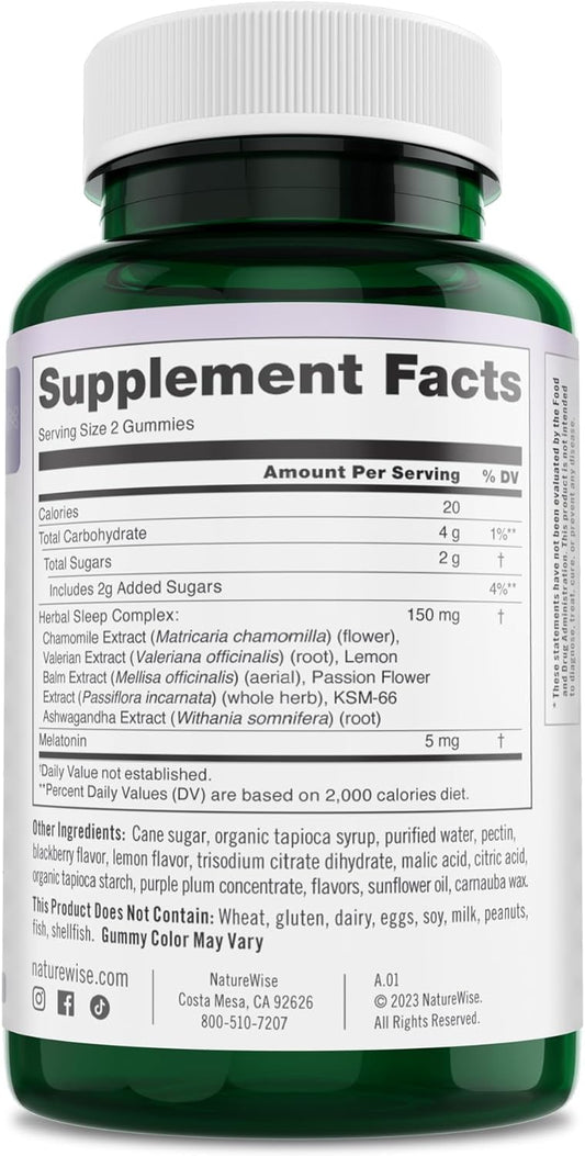 Naturewise Melatonin 5Mg + Sleep Blend Blackberry-Lemon Gummies With Chamomile, Valerian Root, Passion Flower, And Vegan Ashwagandha For Sleep And Stress Support 90 Gummies