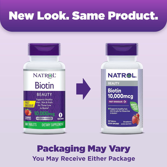 Natrol Beauty Biotin 10000Mcg, Dietary Supplement For Healthy Hair, Skin, Nails And Energy Metabolism, 60 Strawberry-Flavored Fast Dissolve Tablets, 60 Day Supply