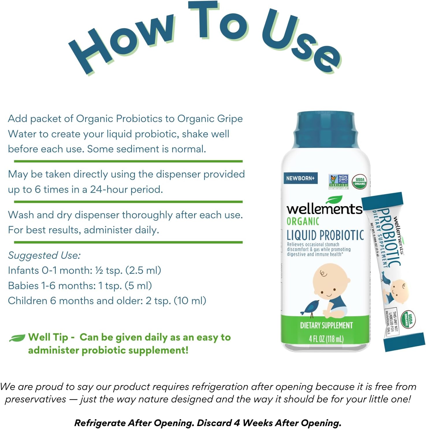 Wellements Certified USDA Organic Liquid Probiotic 4 Fl Oz, Gripe Water & Probiotics for Infant Digestion & Immune Health, Relief for Gas, Colic & Hiccups, Free from Dyes, Parabens, Preservatives : Baby