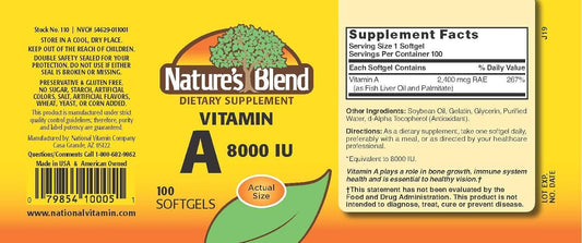Nature'S Blend Vitamin A 8,000 Iu 100 Softgels