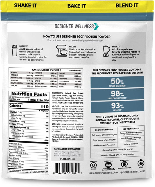 Designer Wellness, Designer Egg, Natural Egg Yolk & Egg White Protein Powder, Keto And Paleo Friendly, Low Calorie, Less Fat And Cholesterol, Classic Vanilla, 1.55 Pound