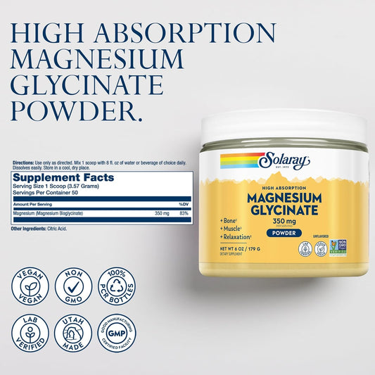 Solaray Magnesium Glycinate Powder 350 Mg - Unflavored Magnesium Powder - Magnesium Supplement For Bone, Muscle, And Relaxation Support - Vegan, Non-Gmo, 60-Day Guarantee - 50 Servings, 6 Oz