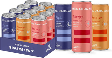 Medahuman Cbd Drink (20Mg) Mixed Pack, Adaptogen, Nootropic And Nutrient Functional Wellness Drinks - For Energy, Recovery And Night For Sleep - Feel Calm, Low Calorie & Vegan (Pack Of 12X 250Ml)