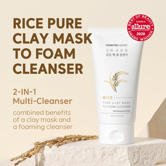 Thankyou Farmer Rice Pure Clay Mask To Foam Cleanser 5.27 Fl Oz (150Ml) - Korean Clay Mask | Foaming Facial Cleanser | Rice Mask Korean | Foam Cleanser | Cleanser Mask | Foaming Cleanser