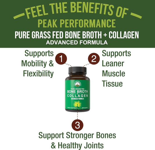 Bone Broth Collagen Capsules. 180 Pills Of Grass Fed Bone Broth Collagen Protein Peptides. Contains All 3 Types 1, 2, And 3. Pure Pasture Raised Paleo Friendly Tablets For Women And Men