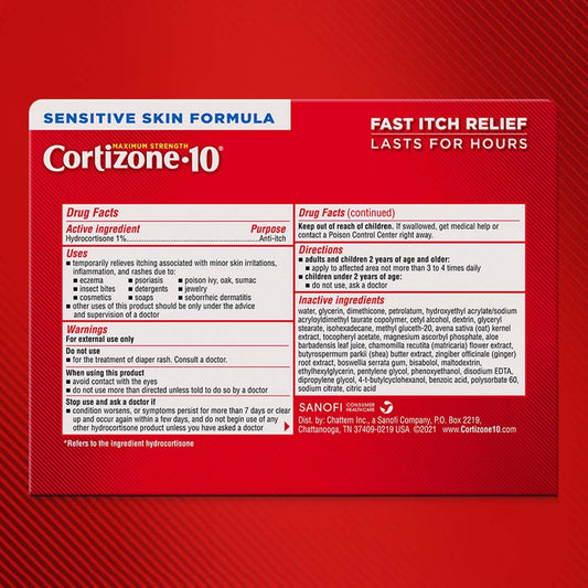 Cortizone 10 Maximum Strength Sensitive Skin Itch Relief, Anti-Itch Cream, 1% Hydrocortisone Creme, 2 Oz