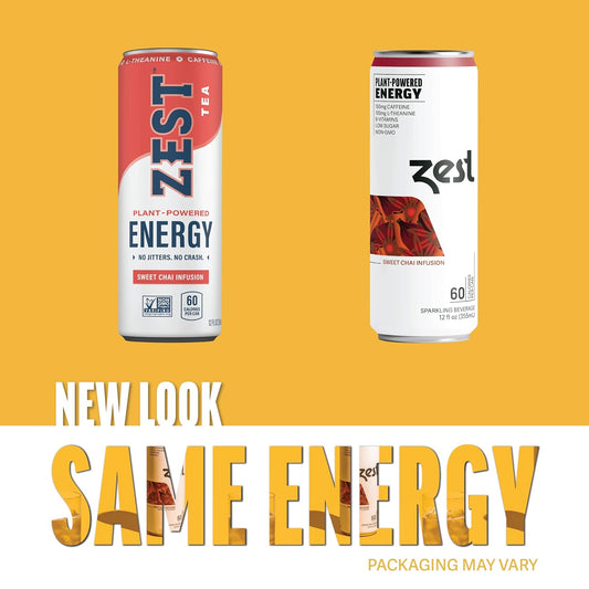 Zest Plant Powered Natural Energy Sparkling Drink - Sweet Chai Infusion - 150Mg Caffeine + 100 Mg L-Theanine - 12Oz Can 12 Pack - Low Sugar, 60 Cals, Healthy Coffee Substitute, Non Gmo High Caff Blend
