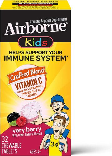 Airborne Kids 500Mg Vitamin C Chewable Tablets With Zinc, Immune Support Supplement With Powerful Anitoxidant Vitamins A C & E- 32 Chewable Tablets, Very Berry