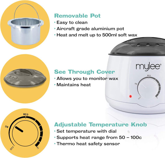 Mylee Professional Wax Heater Warmer With Handle Pot 500Ml For Paraffin, Soft & Crème Wax, Salon Quality Hair Removal, Depilatory Waxing Melter, Adjustable Temperature