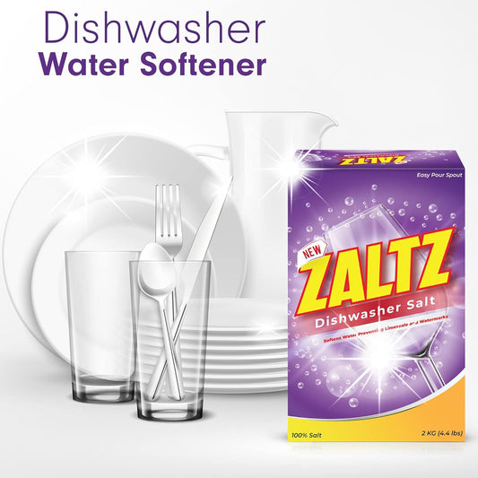 Zaltz Dishwasher Salt - Dishwasher Rinse Aid, Water Softener, Dishwasher Cleaner, Rinse Aid, Easy Pour Spout, Real Salt For Dishwasher, 4.4 Lb Box