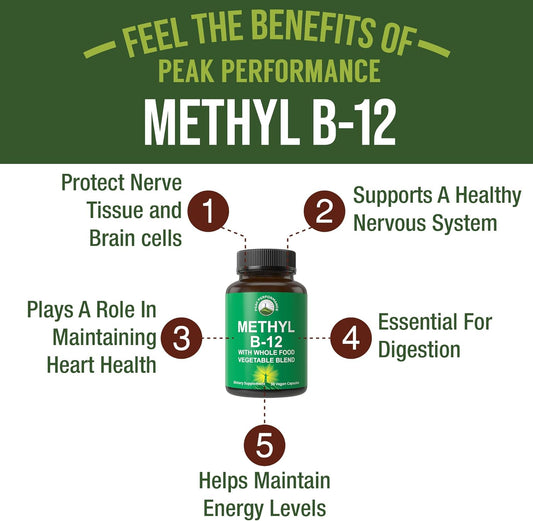 Methyl B12 Vitamin + Whole Food Blend Of 25 Vegetables And Fruits For Max Absorption. Vegan Vitamin B12 Methylcobalamin - Methyl B-12 Supplement For Energy, Focus And Relief. 30 Day Supply Capsules