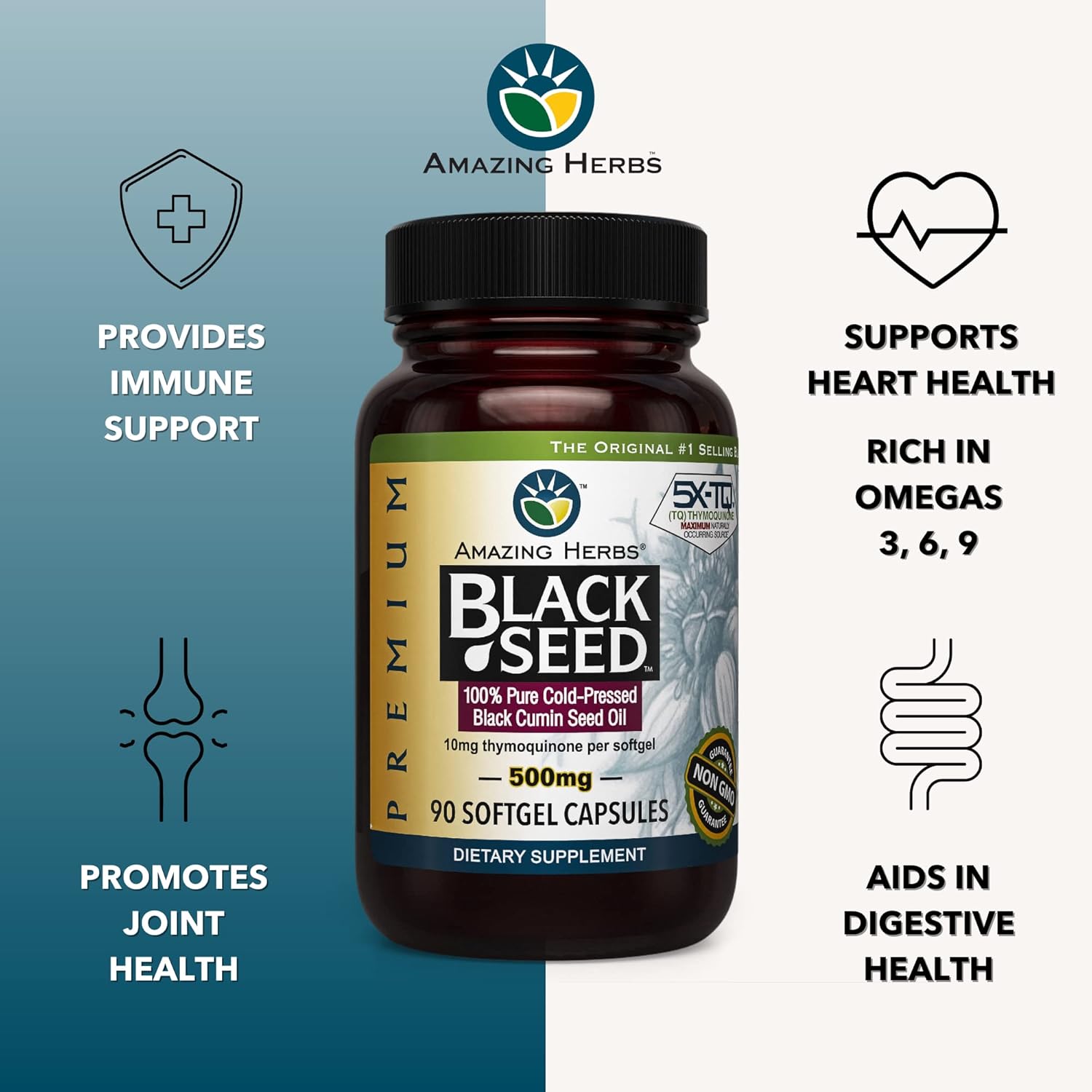 Amazing Herbs Premium Black Seed Oil Capsules - Cold Pressed Nigella Sativa Aids In Digestive Health, Immune Support, Brain Function, Gluten Free, Non Gmo - 90 Count, 500Mg : Health & Household