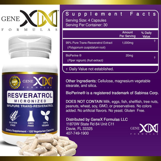 Genex Formulas Trans Resveratrol 1000Mg Serving 99% Pure Micronized Pharmaceutical Grade Trans-Resveratrol + Bioperine Extract Mad In A Gmp & Nsf Certified Facility (4X 250Mg Cpasules 120Ct)