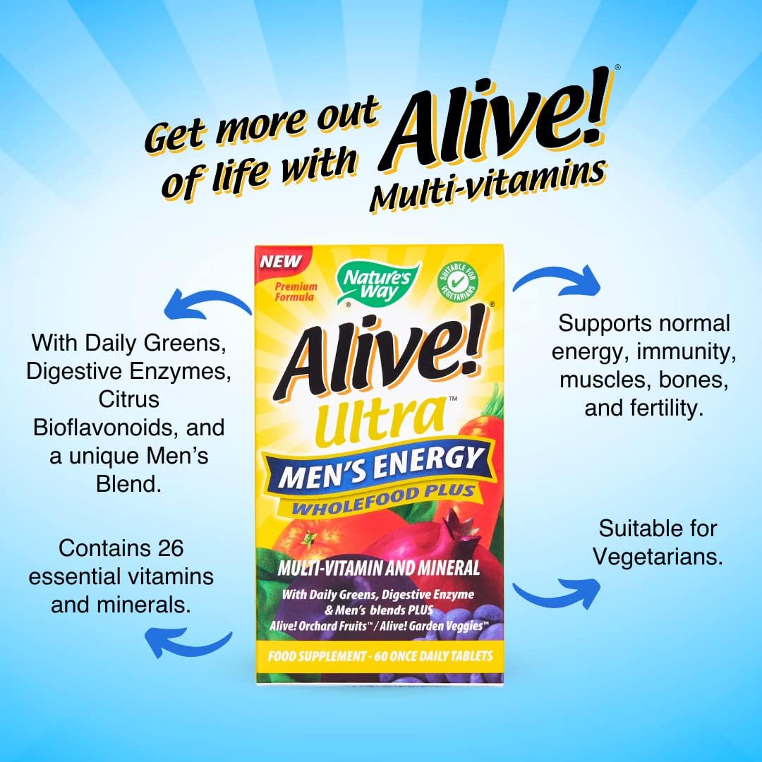 Alive! Ultra Men’s Energy Wholefood Plus, 26 Essential Vitamins and Minerals, Unique Botanical Blends, Specially Formulated for Men, Suitable for Vegetarians - 60 Tablets : Amazon.co.uk: Health & Personal Care