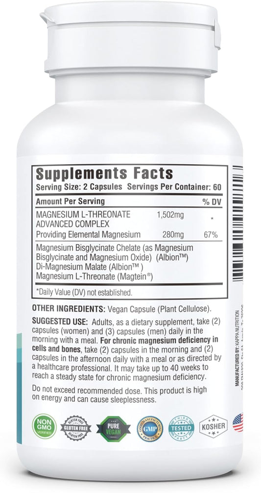 (120 Capsules), 2,253mg Per Serving, Providing 420mg Elemental Magnesium, L-Threonate, Bisglycinate Chelate, Malate, for Brain, Sleep, Stress, Cramps, Headaches, Energy, Heart from Kappa Nutrition