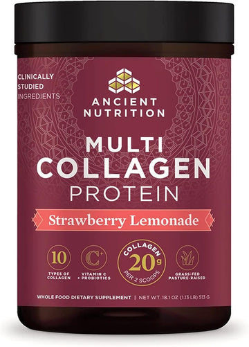 Ancient Nutrition Collagen Powder Protein, Multi Collagen Protein Powder, Strawberry Lemonade, 45 Servings, W/Vitamin C, Hydrolyzed Collagen Peptides For Skin, Nails, Gut Health And Joints, 18.1Oz