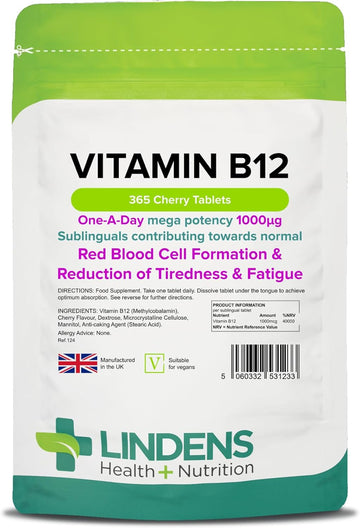 Lindens Vitamin B12 1000Mcg Cherry Flavour Sublingual Tablets - 100 Pack - For Red Blood Cell Formation And Fatigue Reduction - Fast Absorption - Uk Manufacturer, Letterbox Friendly
