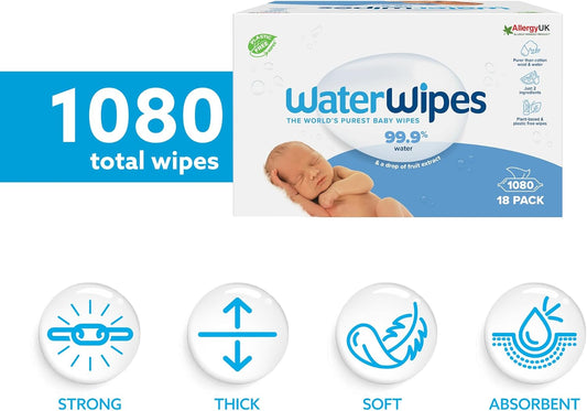 Waterwipes Original Baby Wipes, 360 Count (6 Packs), 99.9% Water-Based Wipes, Unscented, For Sensitive Skin, Packaging May Vary