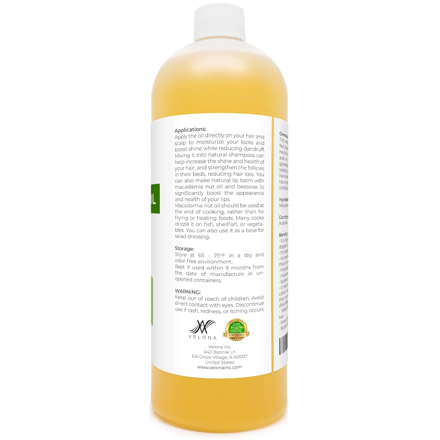velona Macadamia Nut Oil 32 oz | 100% Pure and Natural Carrier Oil | Refined, Cold pressed | Cooking, Skin, Hair, Body & Face Moisturizing | Use Today - Enjoy Results : Beauty & Personal Care