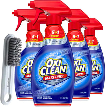 Oxiclean Stain Remover Max Force - 12 Fl Oz (Pack Of 4) - Laundry Stain Remover Spray, Spray And Wash Stain Remover Laundry + 1 Gaudum Laundry Stain Brush
