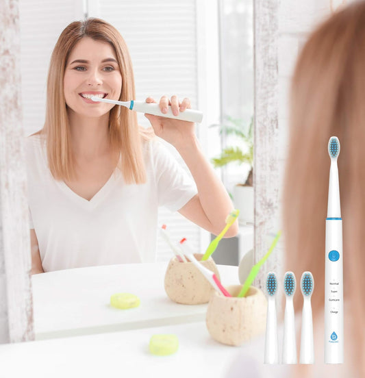 Pursonic Sonic Technology Electric Toothbrush For Kids And Adults, 2 Minute Timer Powered Rechargeable Toothbrush, 5 Modes 3 Brush Heads, 30 Days Long Battery Life, Waterproof, White