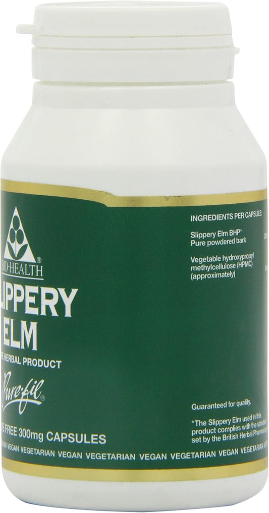 Bio-Health Slippery Elm 300Mg Pure Powdered Bark Food Supplement For General Health, Soothes Digestive Issues, Coughs And Sore Throats, Additive Free 120 Capsules