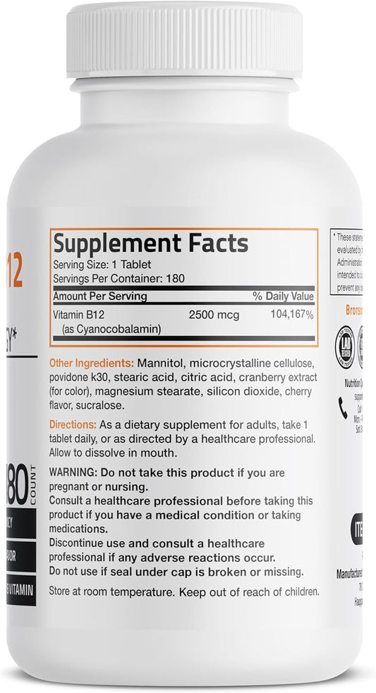Vitamin B12 2500Mcg Shot Of Energy Fast Dissolve Chewable Tablets - Quick Release Cherry Flavored Sublingual B12 Vitamin - Supports Nervous System, Healthy Brain Function Energy Production โ 180 Count
