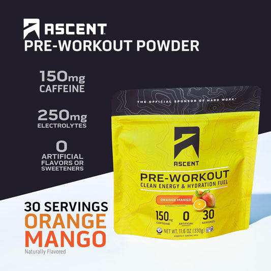 Ascent Pre Workout Powder - Preworkout For Men & Women With No Artificial Ingredients Or Flavors - Clean Energy With 150G Caffeine & 250G Electrolytes - Orange Mango, 30 Servings