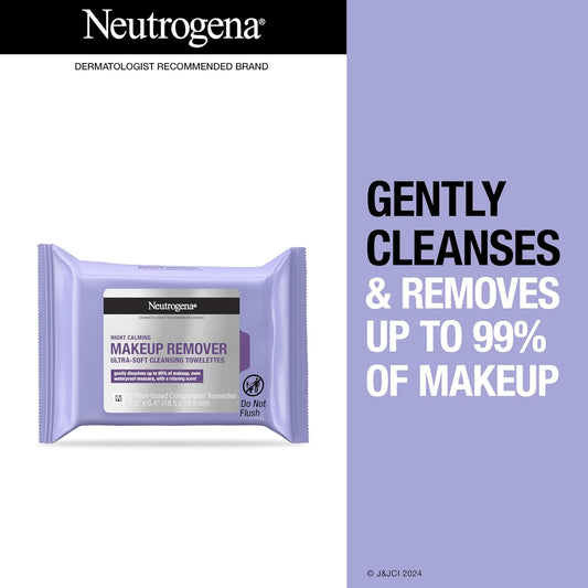 Neutrogena Makeup Remover Night Calming Cleansing Towelettes, Disposable Nighttime Face Wipes To Remove Dirt, Oil & Makeup, 25 Ct, Twin Pack