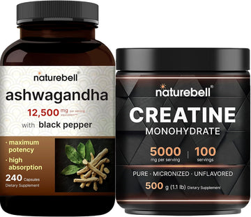 Naturebell Creatine Monohydrate Powder & Ashwagandha 12,500 Mg Equivalent With Black Pepper Bundle Pack | Unflavored | High Absorption Micronized Creatine | Adaptogens Supplements For Relaxation