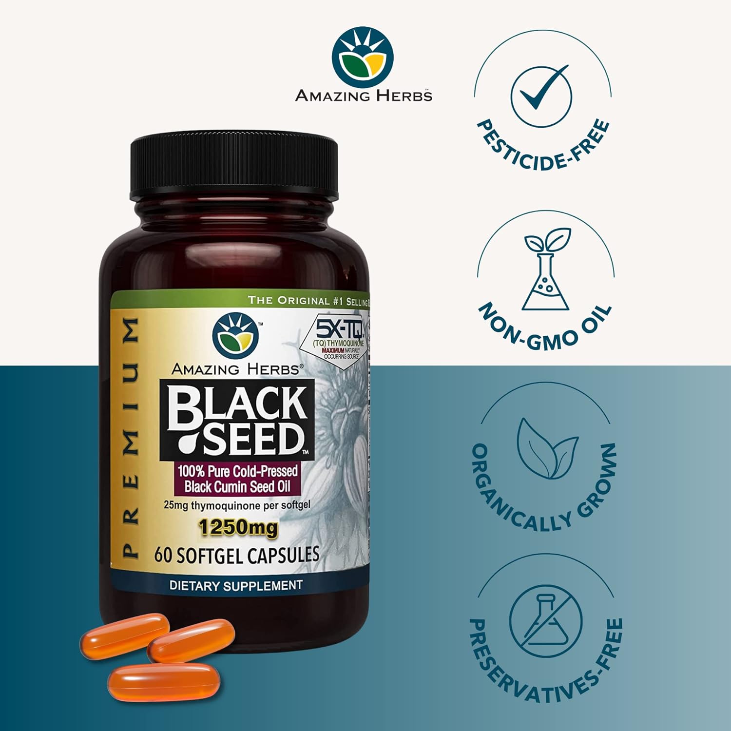 Amazing Herbs Premium Black Seed Oil Capsules - 1250mg per Capsule, Hi