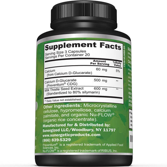 Sunergetic Premium Calcium D-Glucarate Supplement With Milk Thistle Extract - Calcium D-Glucarate For Liver Support & Detox Support  500Mg Of Calcium D-Glucarate Per Serving  60 Capsules
