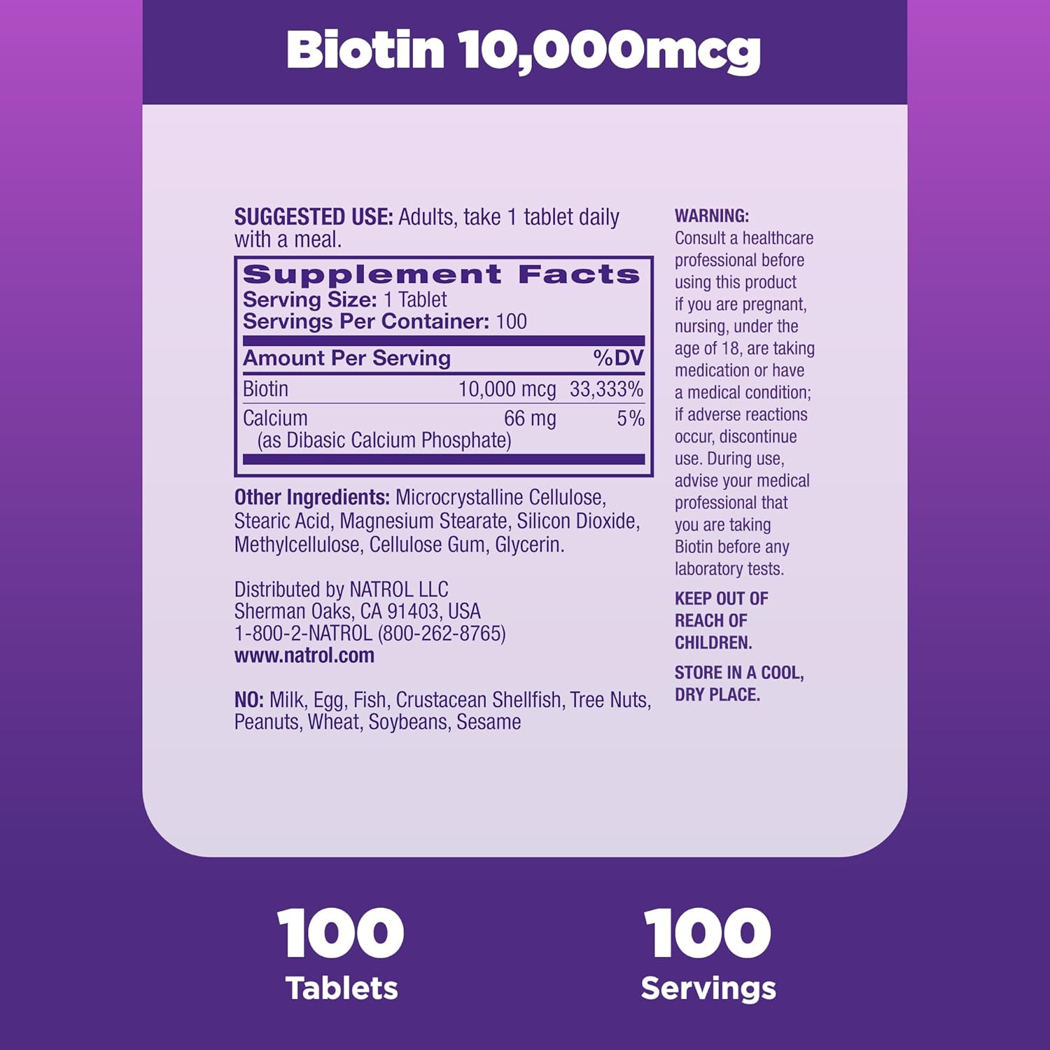 Natrol Beauty Biotin 10,000mcg Vitamins for Beauty, 100 Tablets, 100 Day Supply