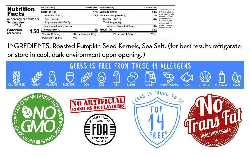 GERBS Sea Salted Pumpkin Seed Kernels 2 LBS|Top 14 Allergy Free Food |Use in salads, yogurt, baking, oatmeal, trail mix|Grown in Canada, packed in US : Grocery & Gourmet Food