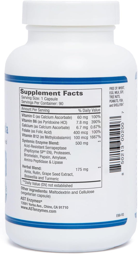 Ast Enzymes Ultimate Metabolic Formula  90 Vegetarian Capsules  Premium Natural Systemic Enzymes Formula  Total Joint Support  Contains Acid-Resistant Serrapeptase