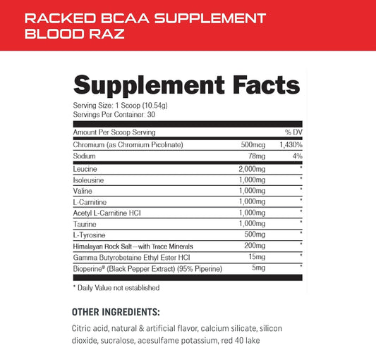 Bucked Up- Bcaa Racked Branch Chained Amino Acids | L-Carnitine, Acetyl L-Carnitine, Gbb | Post Workout Recovery, Protein Synthesis, Lean Muscle Bcaas That You Can Feel! 30 Servings (Blood Raz)