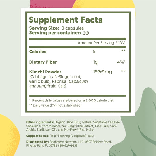 Brightcore Nutrition - Kimchi One, Kimchi Powder Capsules, Probiotics, Enzymes, & Antioxidant Supplement, Premium Gut Health Superfood For Overall Well Being, Gluten-Free, 90 Vegan Capsules