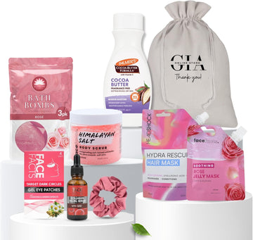 Pamper Gift Set For Women – Self-Care Kit With Cocoa Butter, Collagen Serum, Rose Jelly Mask & Bath Bomb, Himalayan Salt Scrub & More – Spa Gift Set, Relaxation Gifts For Women